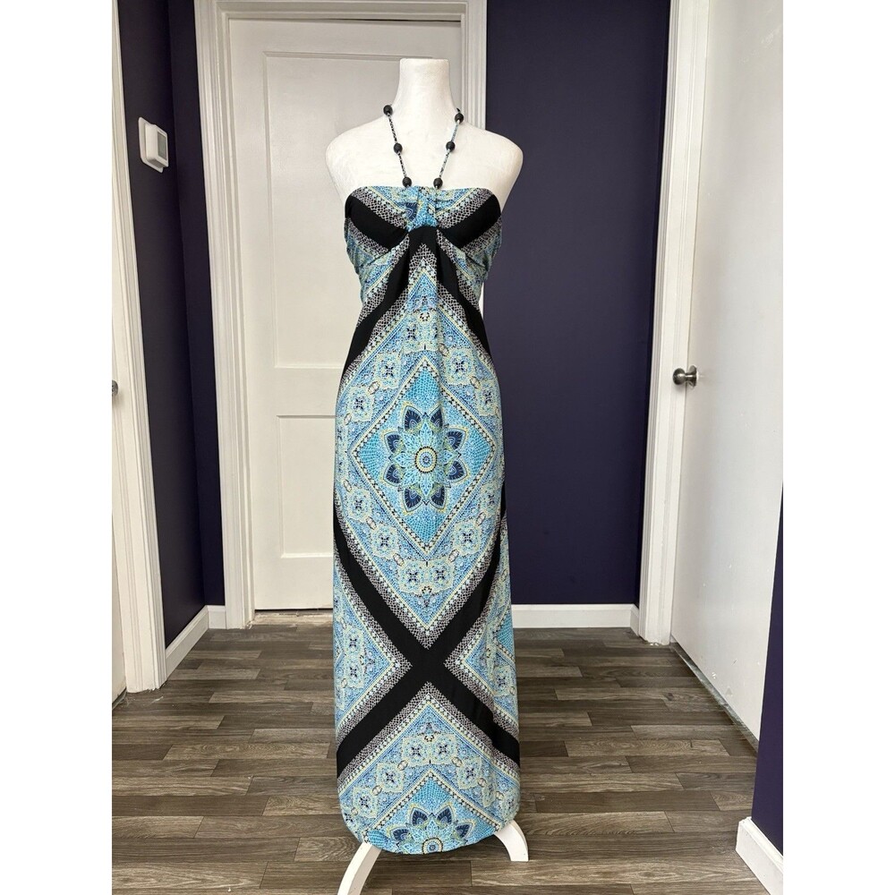 En Focus Studio Maxi Dress Size 6 WomensBlue Black Geometric Halter Long Boho